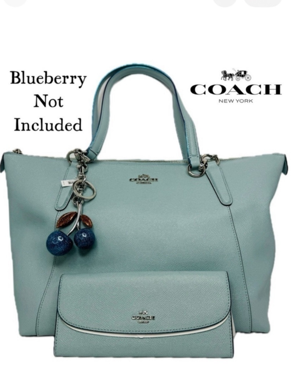 COACH AVA TOTE BAG IN GLITTER AQUA BLUE LEATHER F11900 AND F11835 WALLET SET